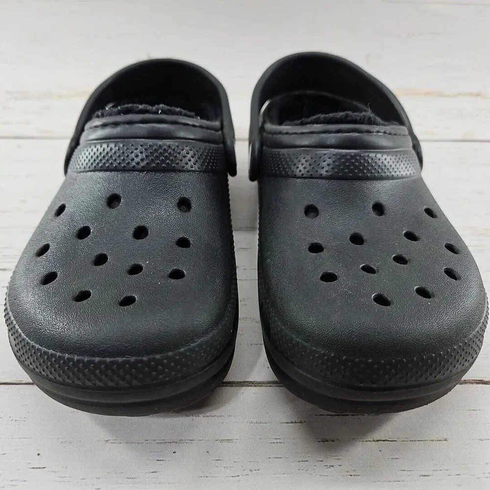 Crocs Youth Size J1 Black‎ Faux Fur Lined Clogs Slip On Shoes Slingback 203506